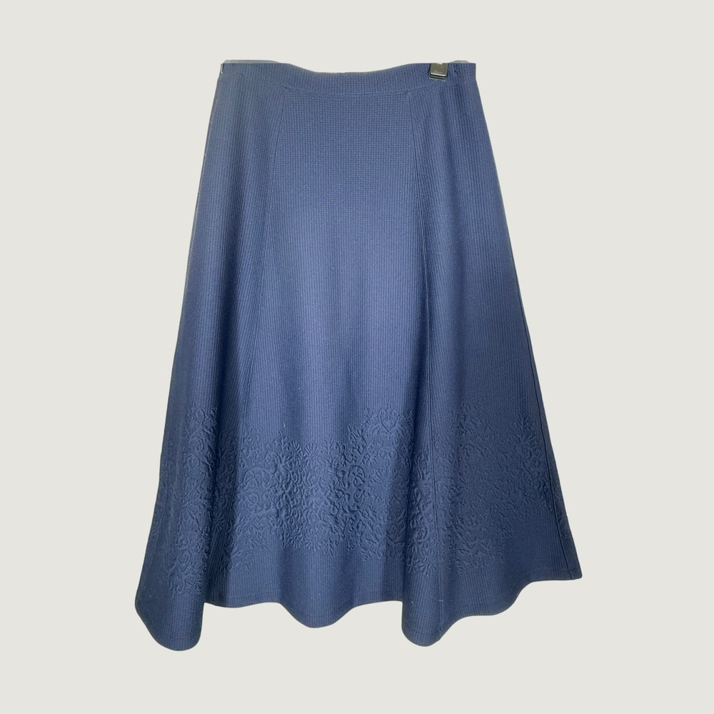 Maeve Maria Navy Blue Textured Knit A-Line Midi Skirt Raised Floral Hem S - Picture 3 of 7